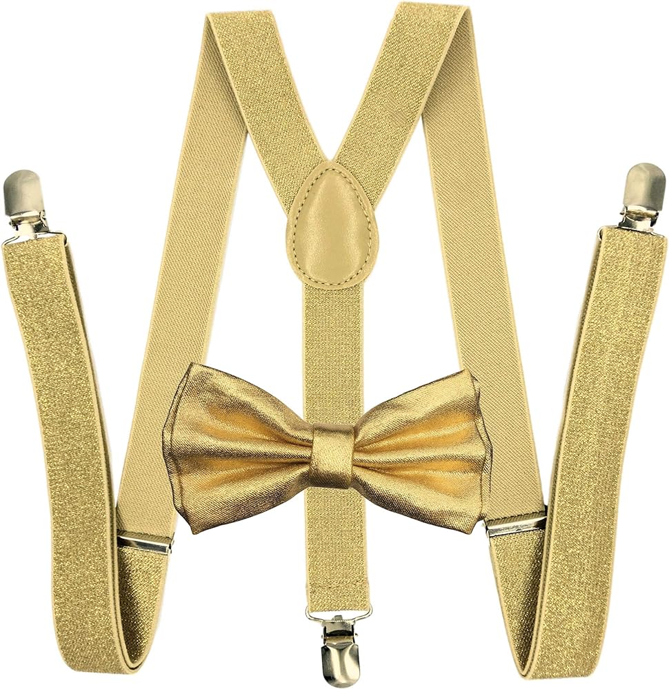 Metallic Gold Bow Tie & Matching Suspenders Set Tuxedo Wedding Prom Youth Men review