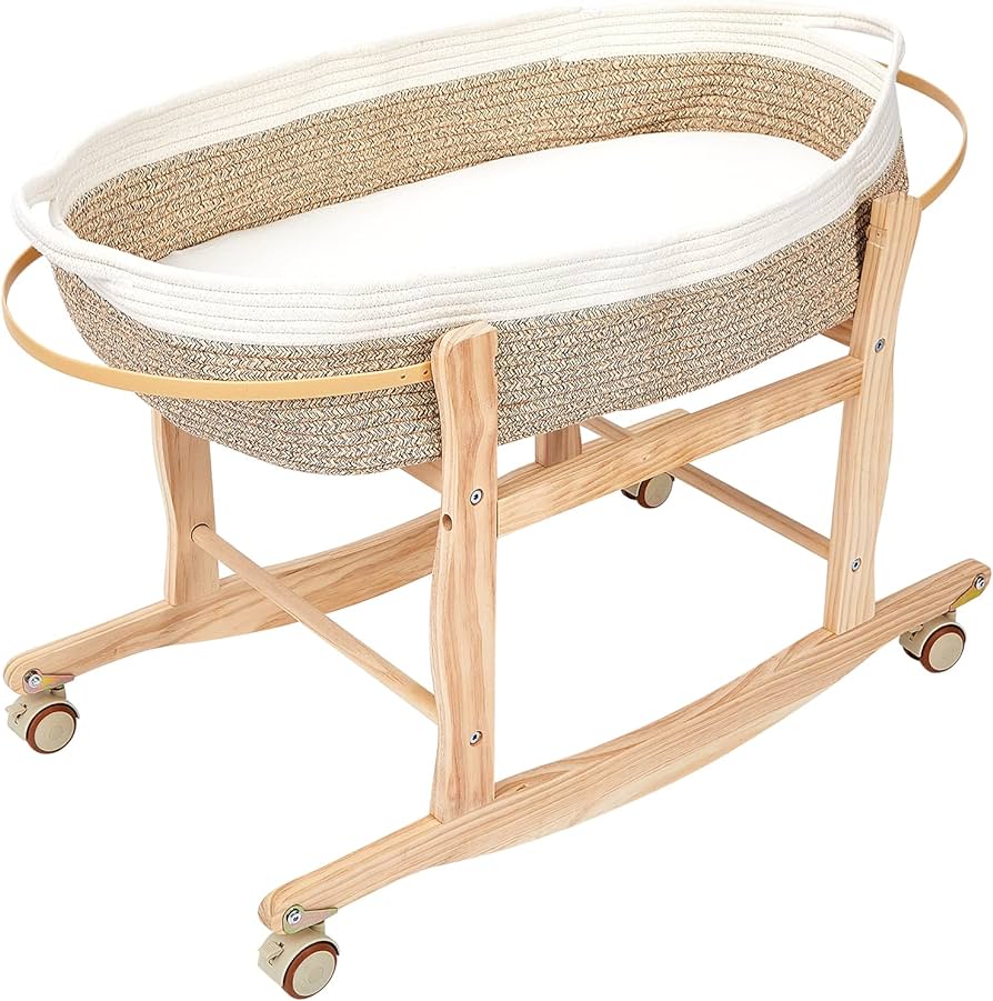 Pinkunn Moses Basket Stand Rocking Moses Basket Rocker Stand Adjustable Wooden Bassinet Stand with Wheels for Newborn Baby Bassinets Cradles, Natural Wood, Baby Basket is Not Included Review